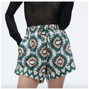 Figue Coppins Shorts in Batik Tortoise Print Sz XS Green Cotton Poplin Tie Waist